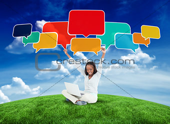 Composite image of happy woman with speech bubbles