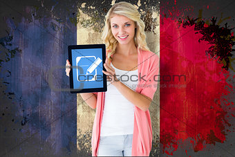 Composite image of young pretty student showing tablet pc