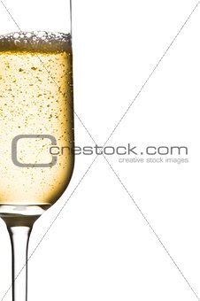 half glass of champagne with bubbles and space for text