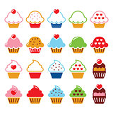 Cupcake with heart, cherry and sparkles cute icons set