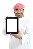 Arab man holding a blank tablet screen advice