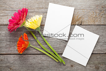 Three colorful gerbera flowers and photo frame