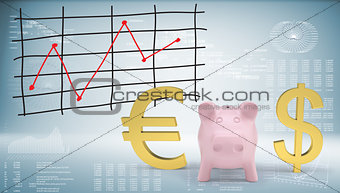 Piggy bank with dollar and euro symbol
