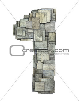 3d gray tile one 1 number fragmented on white 