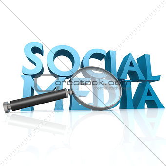 Magnifying glass with blue social media word