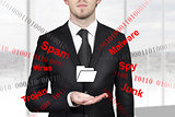 businessman holding folder symbol internet attack