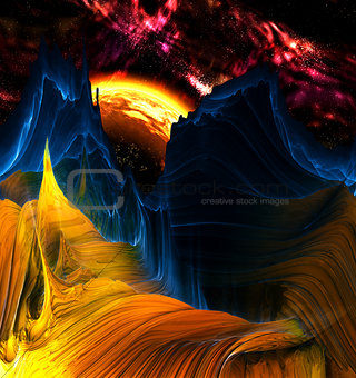 Alien Mountains with space background