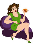 Retro hipster girl on purple sofa with cup of coffee