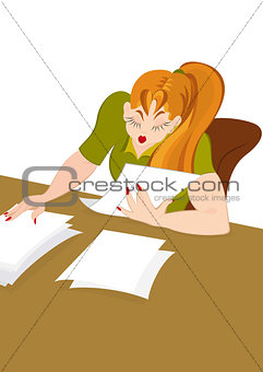 Retro hipster girl working with papers