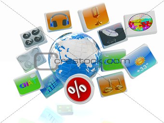 Earth and percent with cloud of media application Icons 