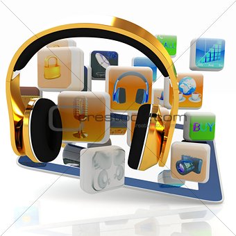 Phone gold on tablet pc with cloud of media application Icons 