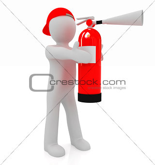 3d man with red fire extinguisher 