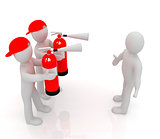 3d mans with red fire extinguisher. The concept of confrontation