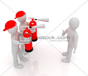 3d mans with red fire extinguisher. The concept of confrontation