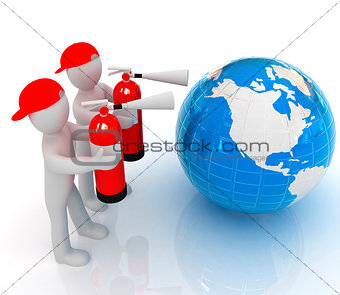 3d mans with red fire extinguisher extinguish earth 