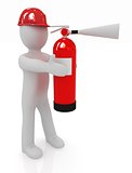 3d man in hardhat with red fire extinguisher 
