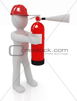 3d man in hardhat with red fire extinguisher 