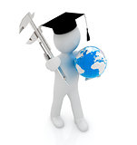 3d man in graduation hat with Earth and vernier caliper 