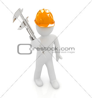3d man engineer in hard hat with vernier caliper 