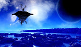 3D space background with floating island in the sky