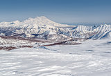 View of Nalychevo Nature Park and Zhupanovsky volcano. Kamchatka