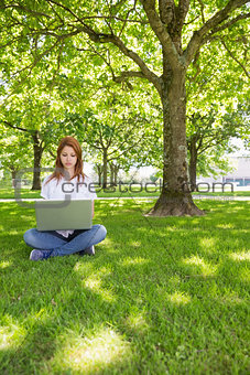 Pretty redhead using her laptop in the park