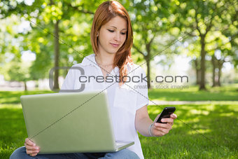 Pretty redhead using her laptop while texting in the park