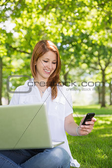 Pretty redhead using her laptop while texting in the park