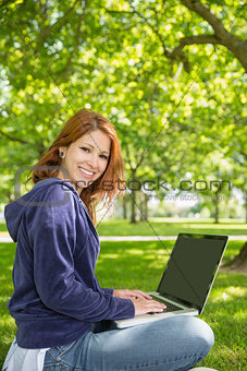 Pretty redhead relaxing in the park using laptop