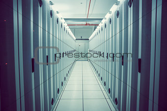 Empty hallway of server towers