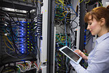 Technician using tablet pc while analysing server