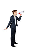 Angry businesswoman shouting through megaphone