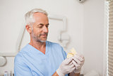 Dentist in blue scrubs looking at mouth model