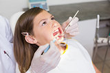 Dentist using mouth retractor on little girl