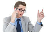 Nerdy businessman on a phone call