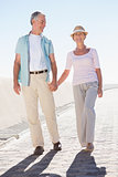 Happy senior couple walking on the pier