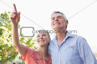 Senior couple pointing and looking