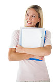 Happy mature student holding folders