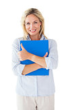 Happy blonde mature student holding folder