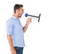 Angry man shouting through megaphone