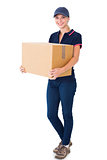 Happy delivery woman holding cardboard box
