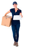 Happy delivery woman holding cardboard box and clipboard