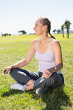 Fit mature woman sitting in lotus pose on the grass
