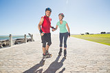 Fit mature couple rollerblading on the pier