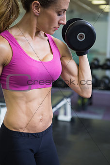 Fit woman exercising with dumbbell in gym