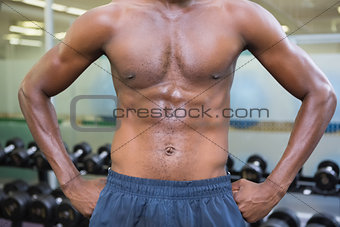 Mid section of a shirtless muscular man in gym