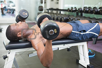 Side view of shirtless man exercising with dumbbells in gym