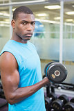 Portrait of young man exercising with dumbbell in gym