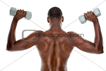 Rear view of a fit shirtless man lifting dumbbells