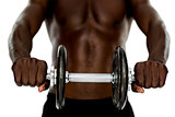 Mid section of fit shirtless man holding dumbbell